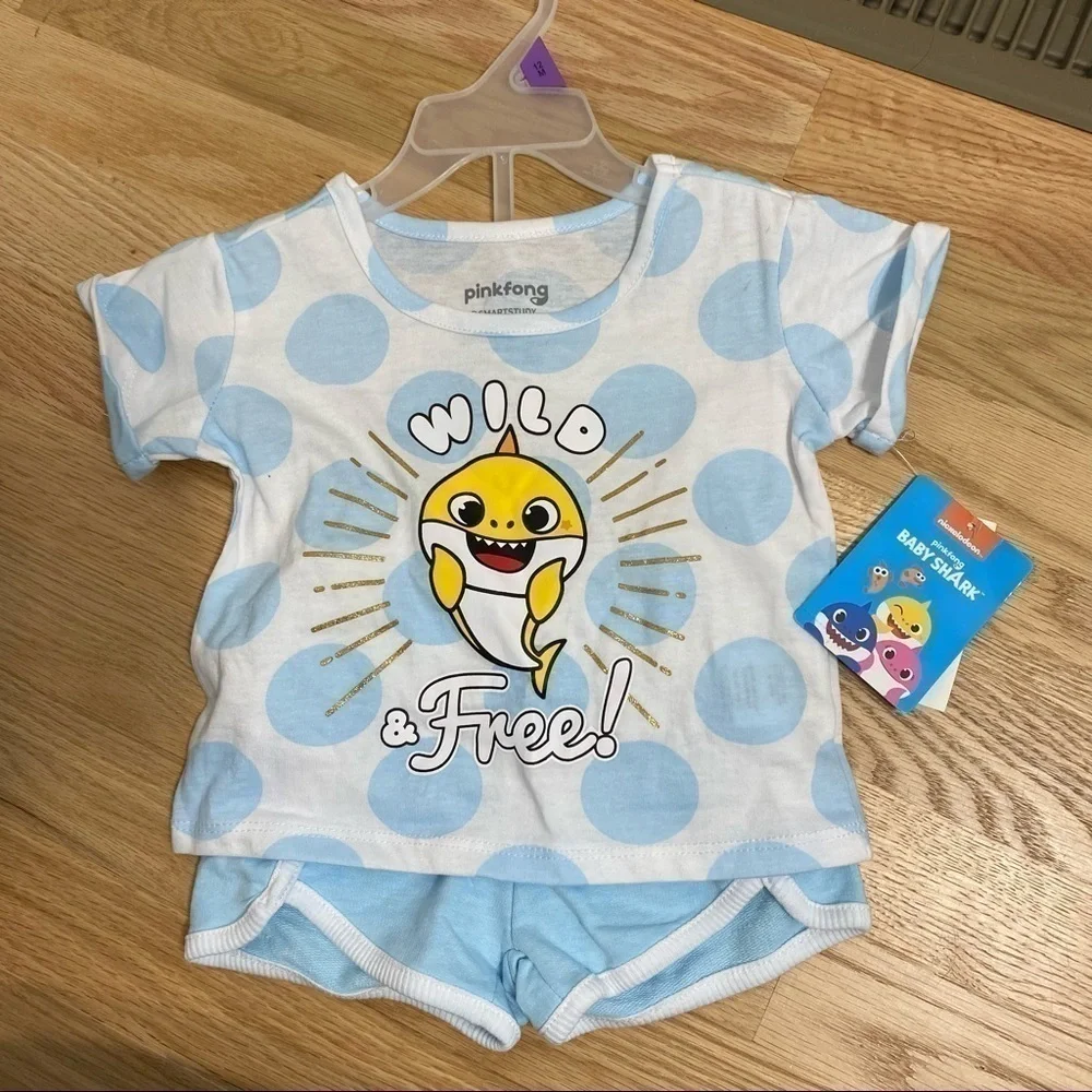 Baby Shark Wild & Free T-shirt Shorts Outfit NWT 12 mos Blue Baby